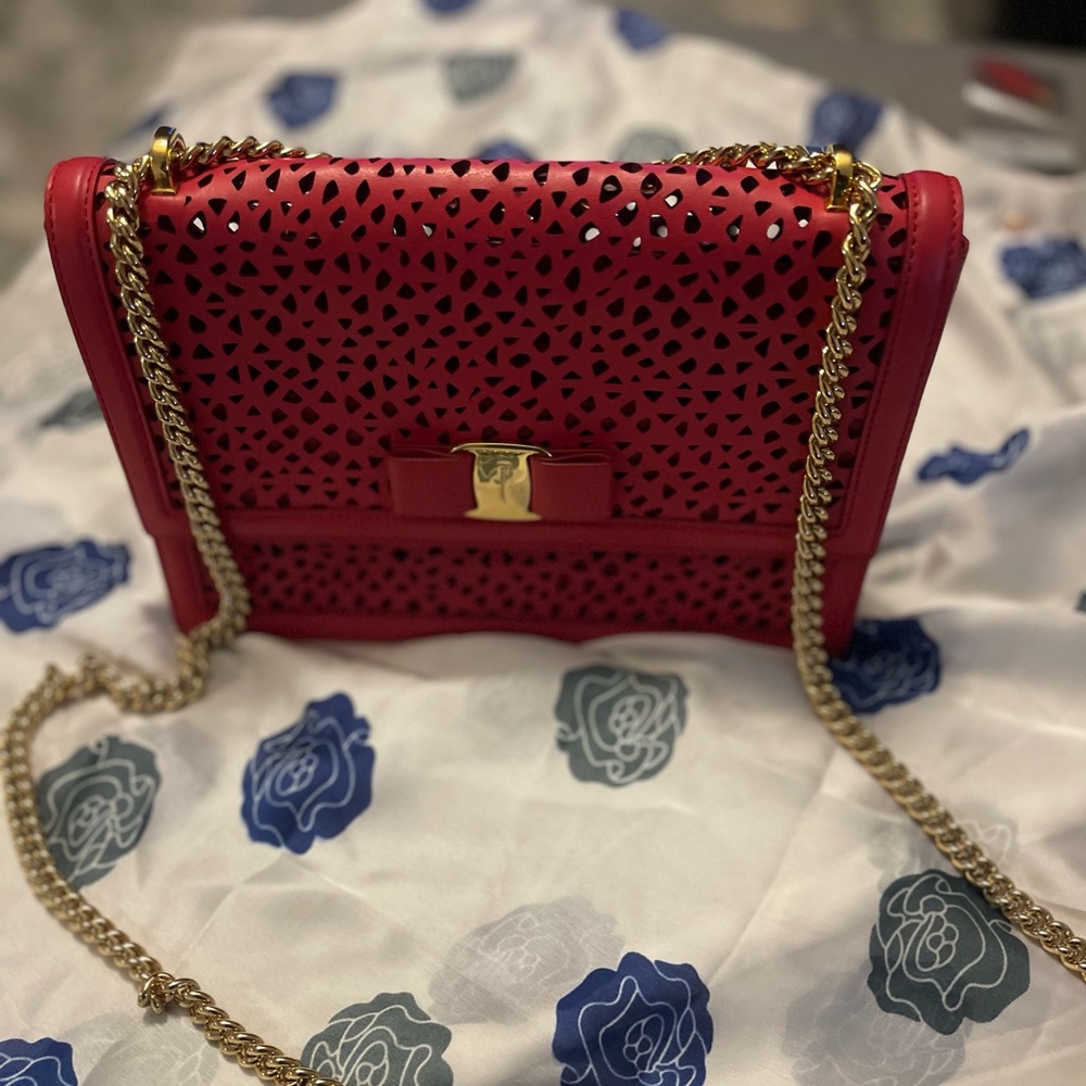 NWOT Salvatore Ferragamo Red Laser-Cut Vara Bag